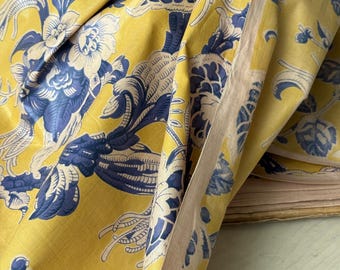 7.11yds French Chintz Fabric Yellow Blue Botanical Vintage Fabric
