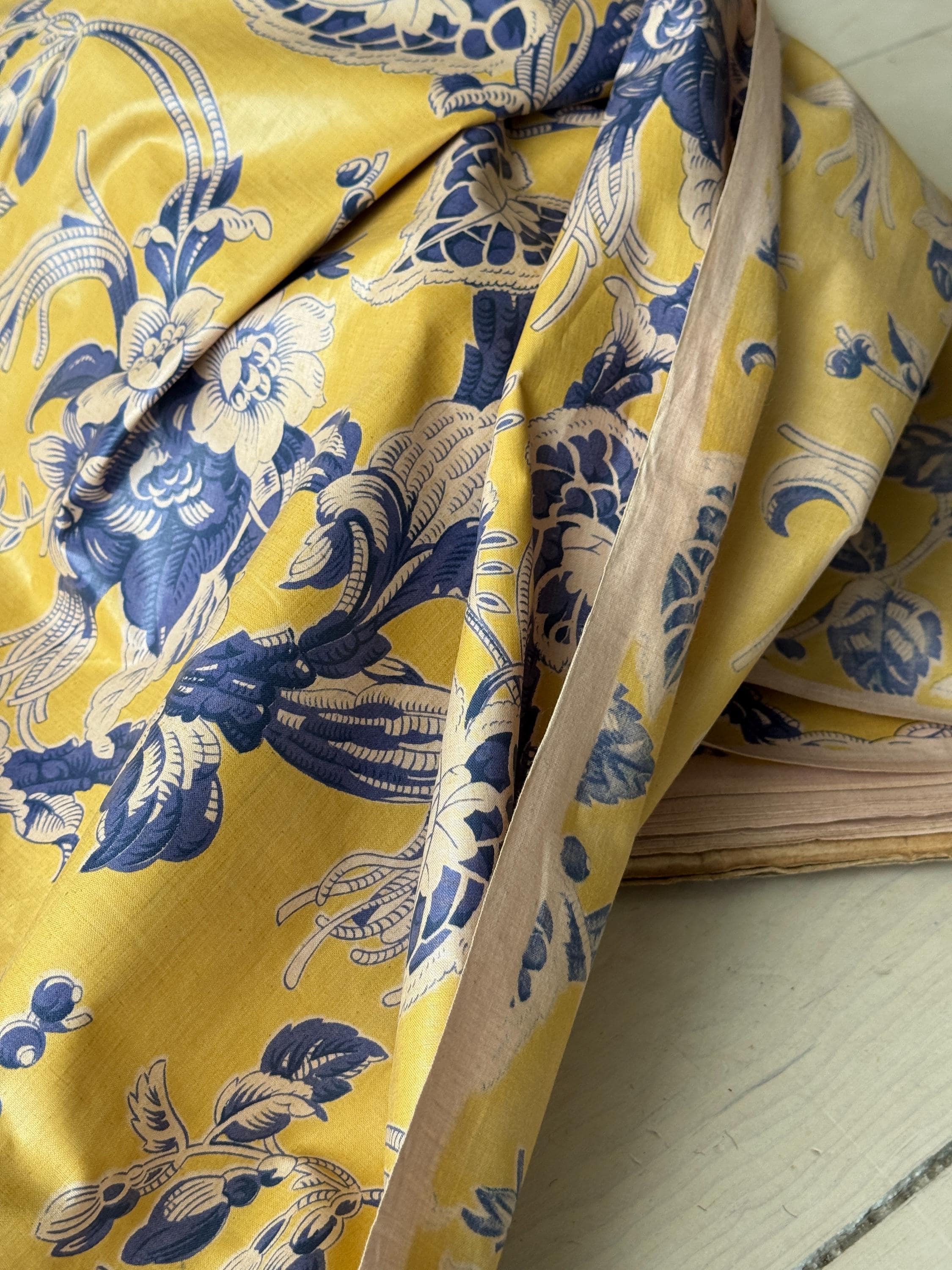 7.11yds French Chintz Fabric Yellow Blue Botanical Vintage Fabric