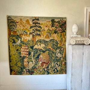 57X57 Vintage French Aubusson  tapestry needlework needlepoint mural wall hanging textile handmade UniqueUnique window treatment