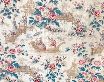 76x40 c1850 Francés Británico Chintz Textil Chinoiserie Pagoda Wabi Sabi Decoración de Cabaña Hogar Rústico Shabby Chateau Chic Arte de Pared de Tela Antigua