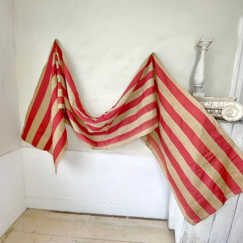 PER YARD GORGEOUS red ecru linen ticking French fabric material striped cloth 19th century heavy weight The shops Textile Trunk