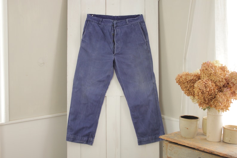 Vintage Pants French work wear dark blue denim jeans faded hipster trousers or slacks 35 inch waist