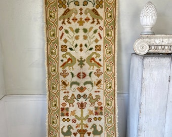 RARE needlepoint rug Vintage Portuguese Arraiolos Carpet runner stair / hallway rug  handmade