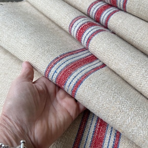 Vintage Stair runner rug heavy hemp Grain sack Fabric Antique homespun linen The Textile Trunk Modern Farmhouse mid century red + blue