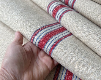 Vintage Stair runner rug heavy hemp Grain sack Fabric Antique homespun linen The Textile Trunk Modern Farmhouse mid century red + blue