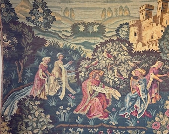 5,8 stopy x 3,9 stopy Vintage French Tapestry Tournaisiennes Średniowieczny Ogród Damski Zieleń Krajobraz Wystrój Zamku Rustykalna Sztuka Ścienna Do Domu Antyczny