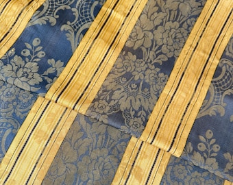 118x49 French Silk Cotton Damask Fabric Blue Gold Stripe Floral Antique Textile Heavenly Wall Art Shabby timeworn curtain 1870