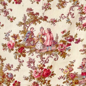 May include: A vintage floral fabric featuring a repeating pattern of pink and white roses, green leaves, and a central scene of three children in a garden setting. The fabric has a cream background and is printed with a delicate, romantic style.