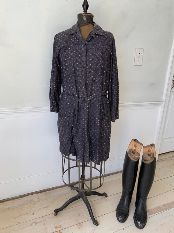 1930's house coat dress purple plaid cotton French