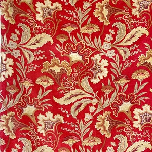Floral cotton cretonne antique French heavyweight fabric material 1880 floral flowers pattern farmhouse ruddy red beige brown Textile Trunk