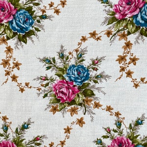 midcentury modern Roses curtain  1950&#39;s floral French cotton white colorful material Valance  English cottage style farmhouse barkcloth