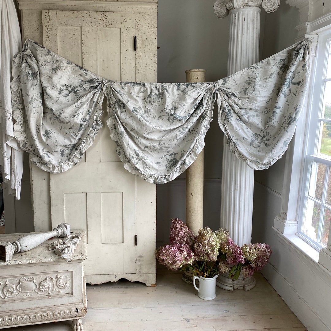 Festoon Valance Pelmet Antique GRAY / GREEN French Fabric C 1900