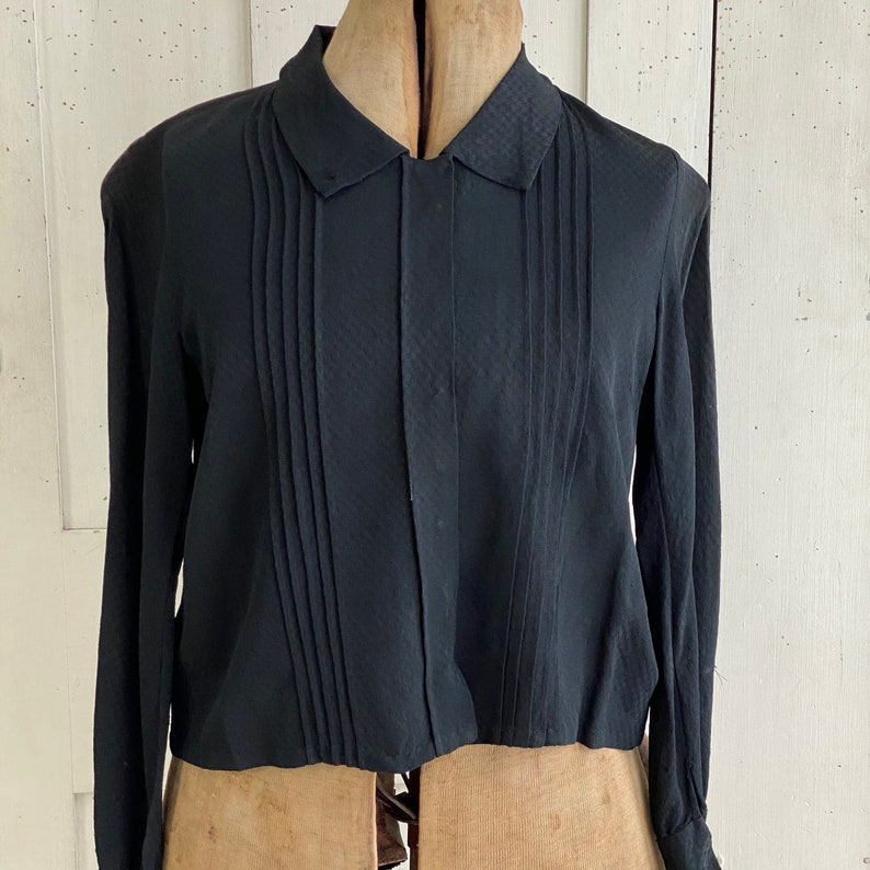 Black Wool Rayon Blouse Pleated Blouse Black Blouse Collared Shirt image 3