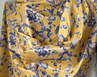 7.11yds French Chintz Fabric Yellow Blue Botanical Vintage Fabric