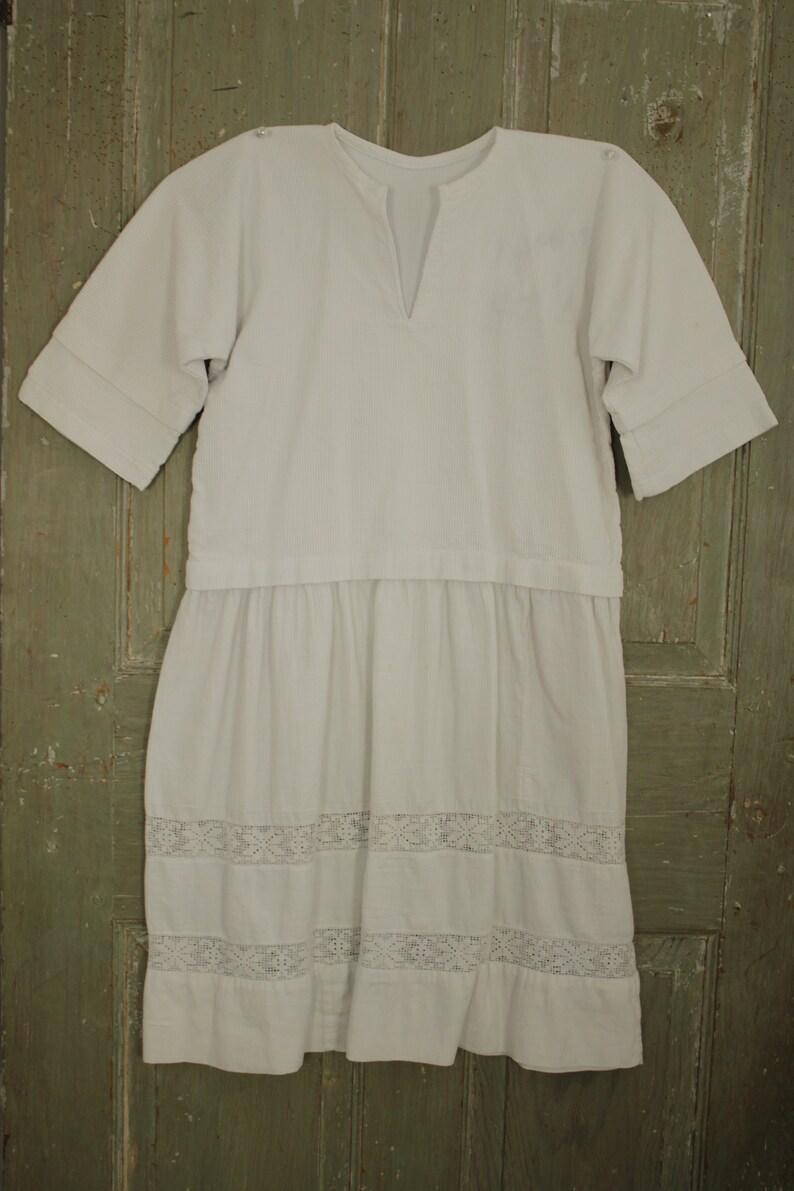 Girl/'s White Dress Vintage French ribbed cotton /& lace 1910