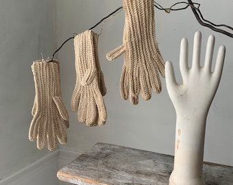 Vintage French Work Gloves Made for Gardening Handmade Knitted Cotton & Linen