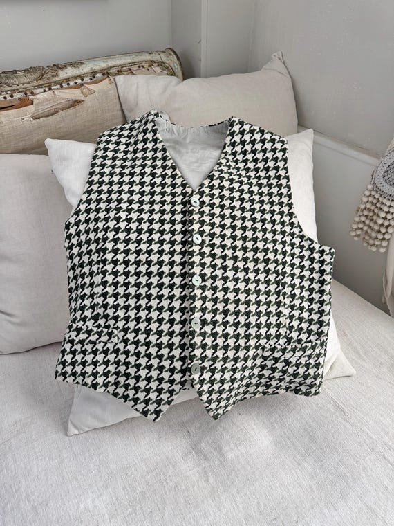 Vintage Wool Cotton Houndstooth Vest 1960’s French Wabi Sabi Tailored Menswear Rustic Home Decor Upcycled Ecofriendly Wall Art tweed View 2