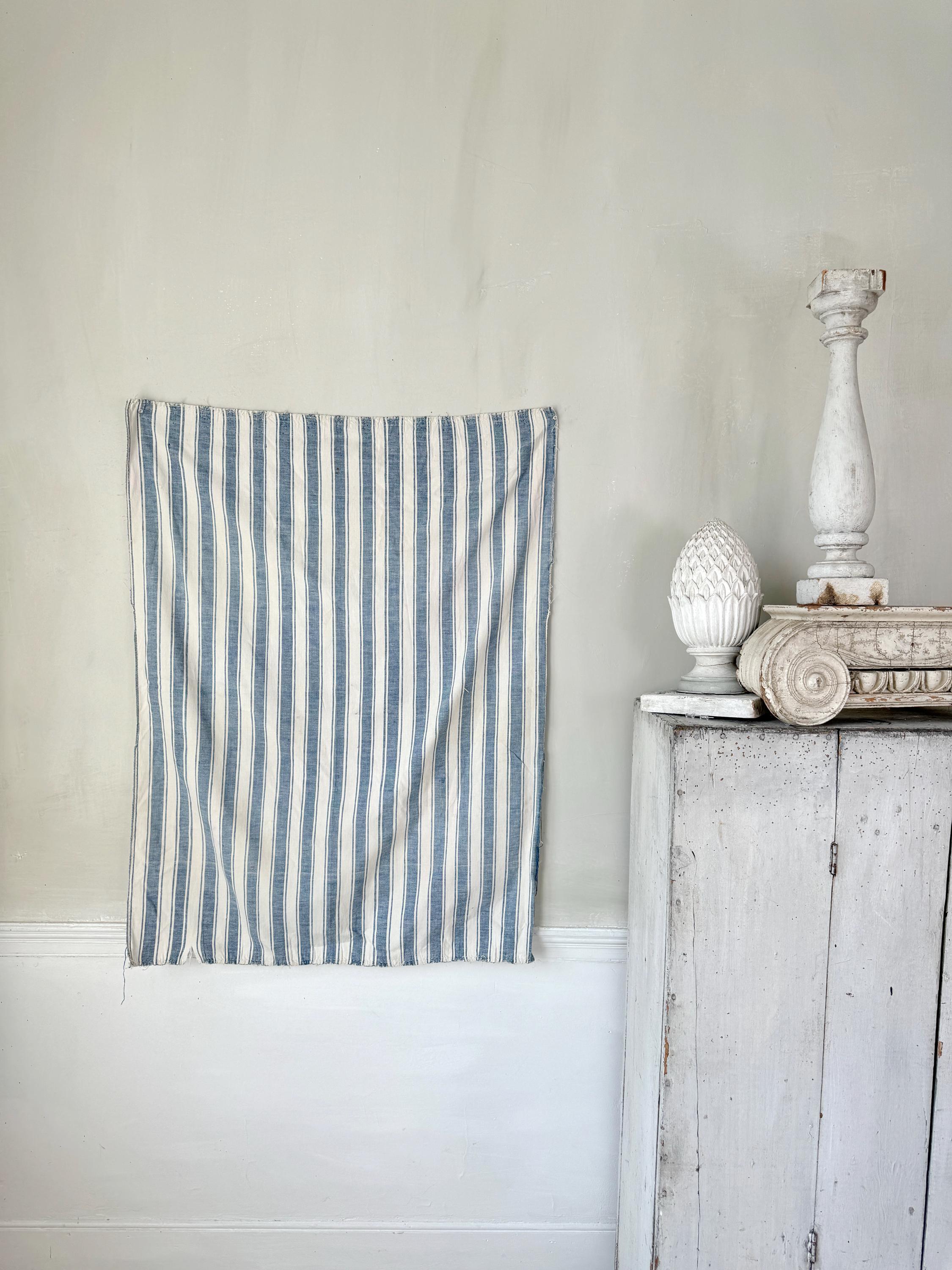 41x32 Antique French Ticking Blue Striped Fabric Stripes White