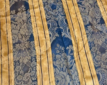 122x24 French Silk Cotton Damask Fabric Blue Gold Stripe Floral Antique Textile Heavenly Wall Art Shabby timeworn curtain 1870