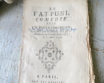 1738 Antique French Theatre Book Le Fat Puni Comedie Paris Literature Ephemera Rare Play Script Wall Art Collectible drama paper woodblock
