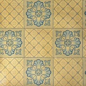 3 yds ( 6 yds avail) Antique French wallpaper glossy yellow blue Delft look country cottage design