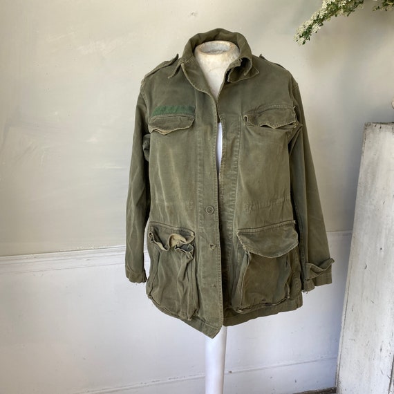 Vintage French Workwear Military Green Jacket Ear… - image 4