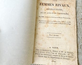 c1809 French Theatre Book Femmes Rivaux Arlequinade Vaudeville Paris Marbled Paper Binding Antique Literature Wall Art