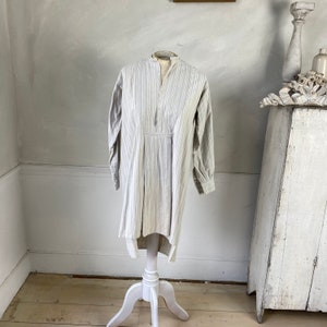 Timeworn White Striped work wear French Plaid shirt Chore shirt Vintage Tunic 1900 men&#39;s soft cotton open neck Work Wear French
