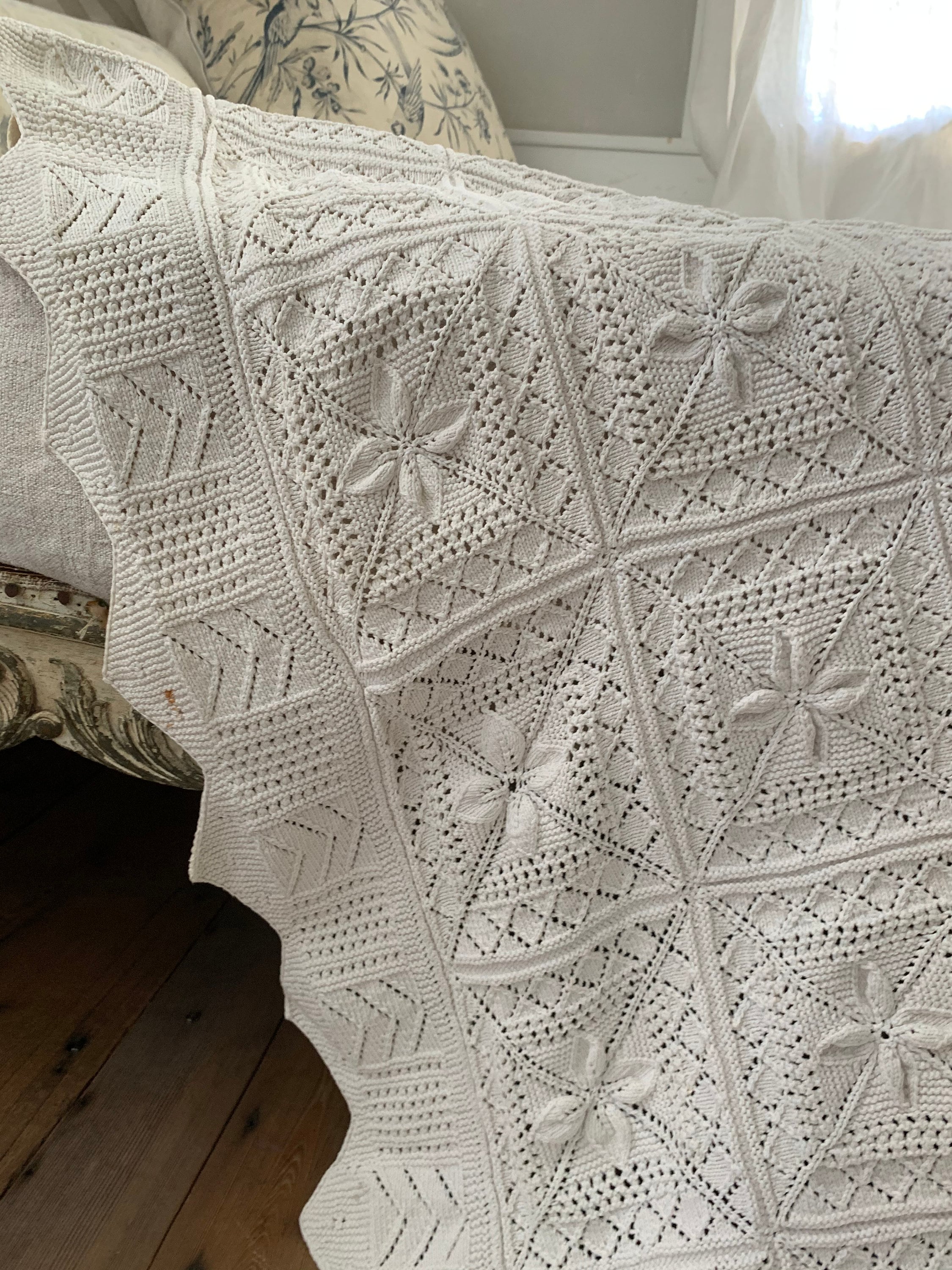 Vintage French White Cotton Crochet Blanket