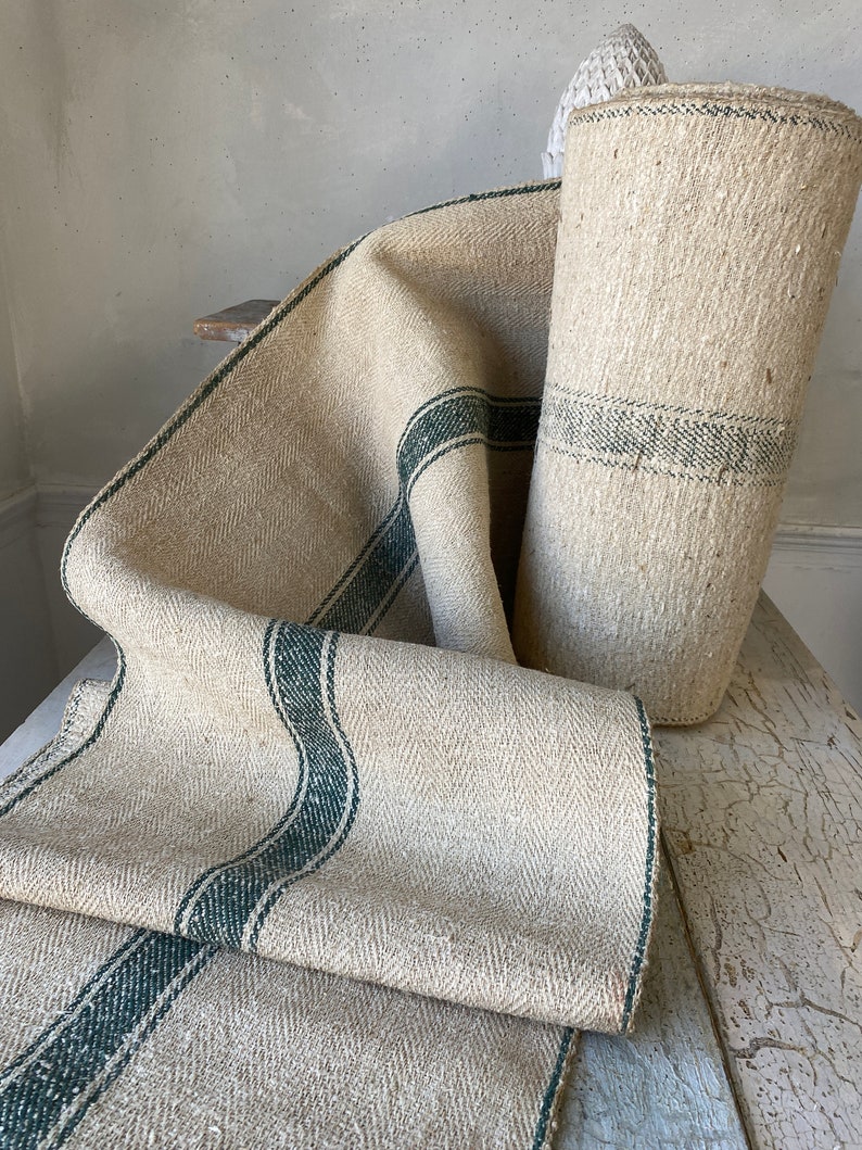 Stair Runner Heavy Hemp Grain Sack Fabric by the yard with Green Stripes herringbone Weave Antique Linen image 10