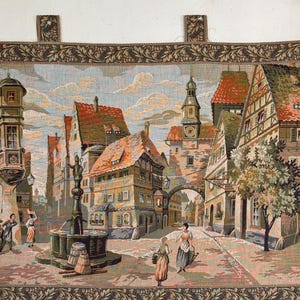 56x29Medeial villiage French antique tapestry wall hanging art unique Castle Castlecore shabby cottage farmhouse chateau home decor style