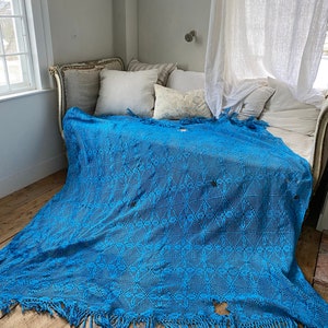 DAMAGED Blue dyed Vintage1940&#39;s French crocheted textile Crochet curtain  farmhouse upcycled cottage  The Textile Trunk Coastal home