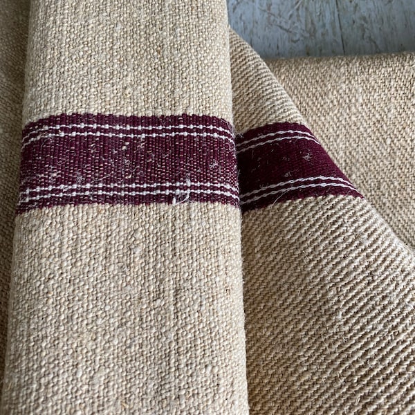 Burgundy DARK  HOMESPUN  table runner fabric material c1800's ~ hand woven linen from Europe grain sack grainsack stripe