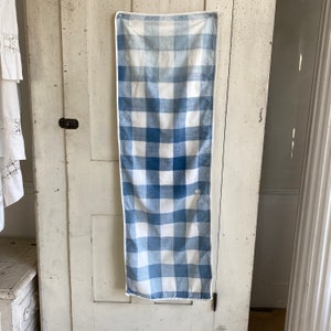 Blue  Vichy textile Antique French faded buffalo check textile table runnerUnique window treatment Coastal home  eco-friendly