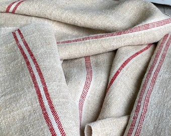 Red Table runner Christmas fabric Antique homespun linen  RARE homespun hemp upholstery weight 1800's material eco-friendly