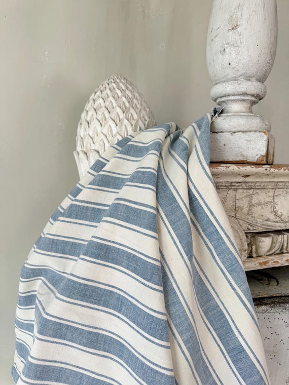 41x32 Antique French Ticking Blue Striped Fabric Stripes White