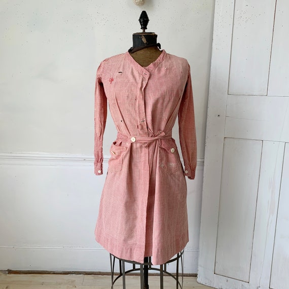 Vintage french  work uniform woman's dress  red g… - image 2