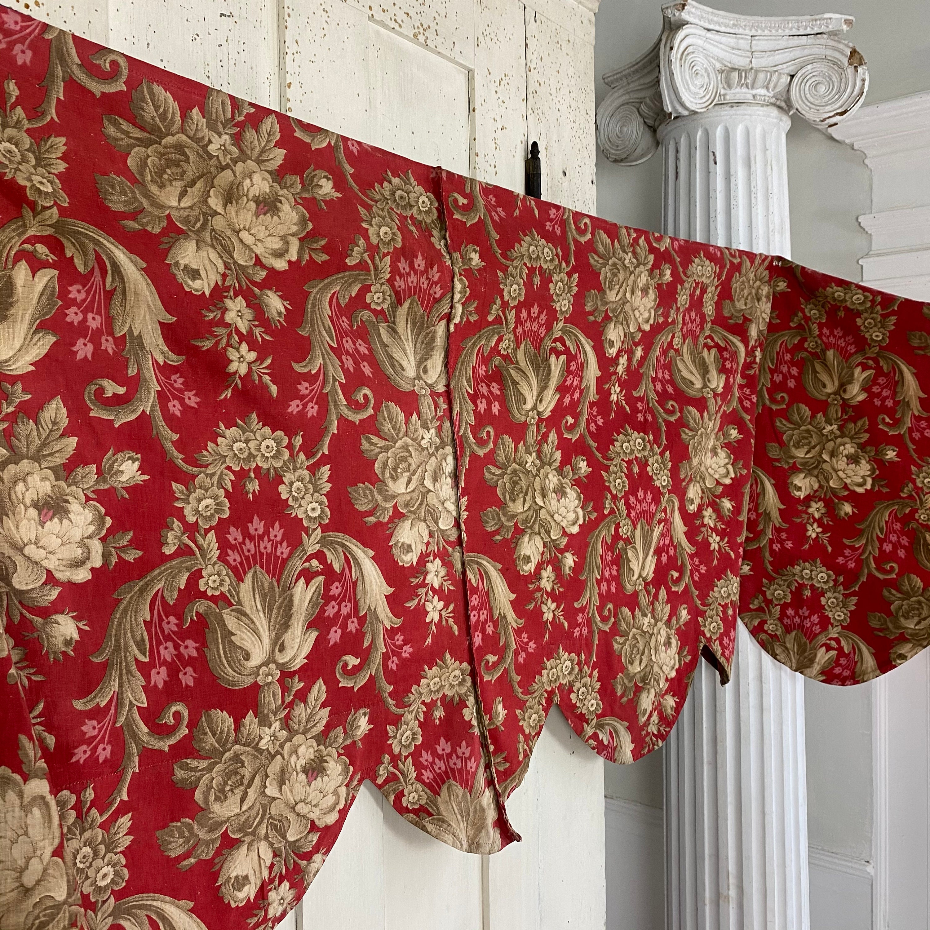 Authentic Rococo Textiles Rococo 1860 Antique French Fabric RED Roller Printed Cotton for Pillows ...