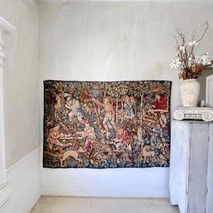 73x49 French tapestry panel medieval hunting scene wool cotton lined decorative textile vintage castle boho hanging unique wall art handmade