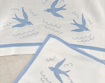 Vintage Folkart French baby boy blue blanket wall art set pillow embroidered embroidery deco nursery shower gift idea unique handmade