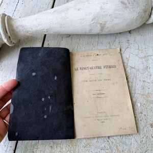 c1876 French Theater Book Le Vingt-Quatre Février Antique Paris Drama Poetry Play Script Rare Ephemera Wall Art Handmade marbleized paper