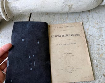 c1876 French Theater Book Le Vingt-Quatre Février Antique Paris Drama Poetry Play Script Rare Ephemera Wall Art Handmade marbleized paper
