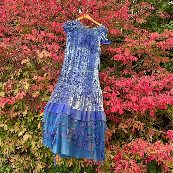 French vintage Electric blue velvet dress 1920's -