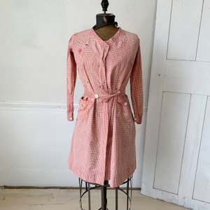 Vintage french  work uniform woman&#39;s dress  red gingham with name monogram eco-friendly