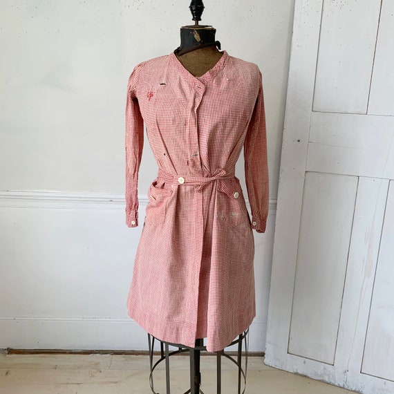 Vintage french  work uniform woman's dress  red g… - image 1