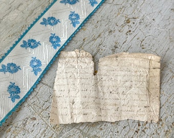 5.83 yards  x 2.25 antique French Ribbon silk woven  blue 18th century note hand written printed