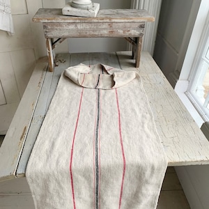 Grain Sack Fabric Linen Feedsack Wide Grainsack red blue stripes washed linen hemp organic fabric Coastal home  eco-friendly