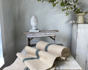 Stair runner heavy hemp grain sack fabric by the yard green stripe twill weave antique homespun linen