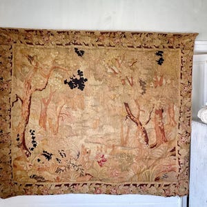 89x75 French antique Tapestry Verdure garden scene verdure trees 19th leather clips country shabby farmhouse wall mural art decor