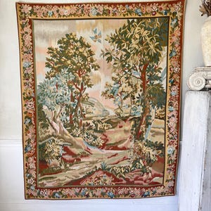 65x53 French verdure scenic forest landscape textile old pastel vintage woven wall hanging romantic castlecore decor unique art handmade